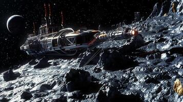 This futuristic spacecraft excavates an asteroid for valuable regolith extraction. photo