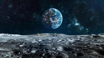 This Machines excavate and extract regolith on the moon, with Earth visible in the background. photo