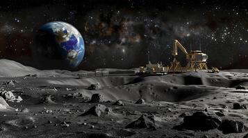 This Heavy machinery extracts regolith on an asteroid with Earth in the cosmic backdrop. photo