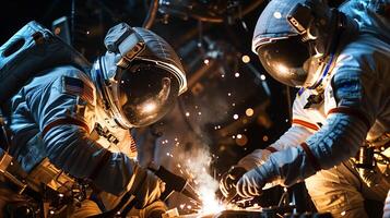 This Astronauts work together to extract and refine regolith from an asteroid, utilizing advanced tools. photo