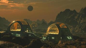 This futuristic asteroid mining facility is busy extracting regolith under a cloudy sky. photo