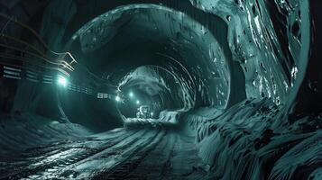 This Heavy machinery operates in a tunnel, excavating regolith from an asteroid for extraction purposes. photo