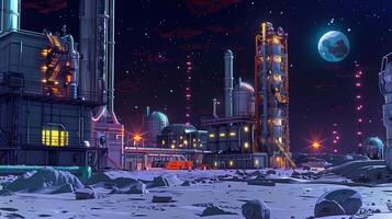 This futuristic refinery extracts regolith from an asteroid while illuminated by machinery. photo