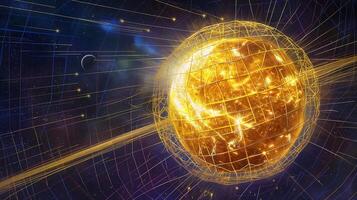 This glowing star encased in energy grids, symbolizing futuristic stellar mining in deep space. photo