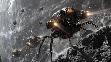 This Robotic devices work on an asteroid's surface, extracting regolith for resource refinement. photo