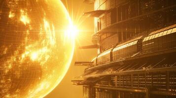 This futuristic structure operates on asteroid regolith extraction, illuminated by a bright sun. photo