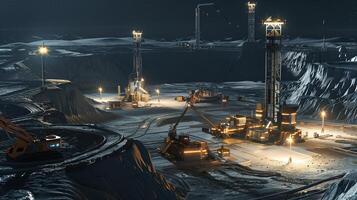 This Advanced machines extract asteroid regolith at a mining site illuminated by bright lights. photo