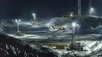 This Heavy machinery operates in a lunar-like landscape, digging into regolith for material extraction. photo