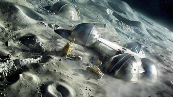 This High-tech structures are mining asteroids and refining lunar regolith for resources. photo