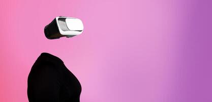A person engages with advanced virtual reality technology using a headset. The figure appears headless, highlighting the gadget amid a vibrant background in a modern setting. photo