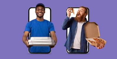 Delivery man holds pizza boxes, while the customer enjoys a slice, highlighting modern commerce in a playful setting. photo
