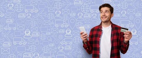A buyer holds a smartphone and credit card while exploring an online store. The background features various icons representing e-commerce and delivery services, creating a vibrant shopping atmosphere. photo