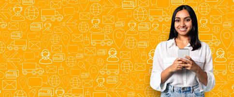 A person is engaged in online shopping using a smartphone. They appear happy while navigating a delivery service application against a bright, illustrated background featuring commerce themes. photo