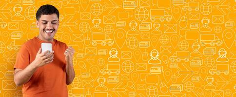 A happy customer engages with a smartphone application to browse an online store. The vibrant background features delivery and communication icons, highlighting the ecommerce experience. photo