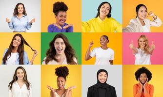 A vibrant collage showcases diverse women smiling and expressing joy. Each person brings unique backgrounds, celebrating inclusion and connection photo