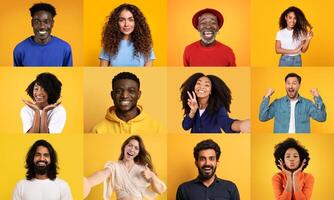 A vibrant collage features a joyful collection of men and women from diverse backgrounds. Each person showcases unique expressions of happiness, set against a lively yellow backdrop. photo