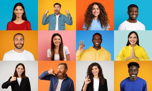 A lively collection features diverse men and women displaying a range of joyful expressions. Set against bright backgrounds, they represent unity in their interactions. photo