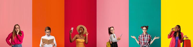 A cheerful collection of diverse individuals showcases summer joy in vibrant colors. Each person engages in fun activities, highlighting the happiness of friendship and different backgrounds. photo