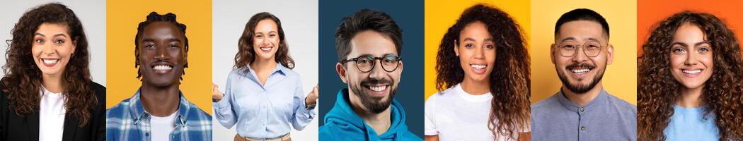 A vibrant collage showcases a diverse group of men and women with various backgrounds, each expressing joy and confidence. The collection highlights the beauty photo