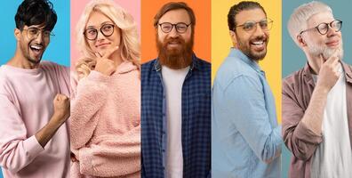Five people with diverse backgrounds are joyfully posing against colorful backgrounds. photo