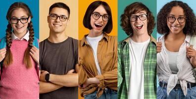A cheerful group of diverse young adults displays joy and happiness. They are set against vibrant backgrounds, embodying a lively summer lifestyle filled with fun and friendship. photo