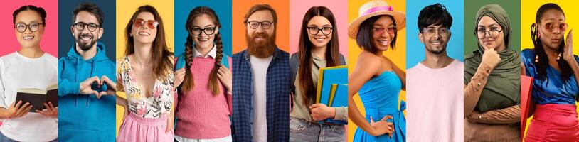 A collection of diverse, smiling individuals exuding joy and fun against colorful backgrounds. Each person represents a unique lifestyle, capturing a lively summer atmosphere. photo