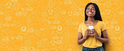 A joyful customer stands with a smartphone, enjoying the online shopping experience in a vibrant environment filled with delivery and commerce icons. Perfect for showcasing e-commerce services. photo