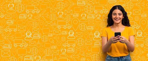 A cheerful customer interacts with their smartphone, exploring an online shopping application. The vibrant background showcases icons representing e-commerce and delivery services. photo