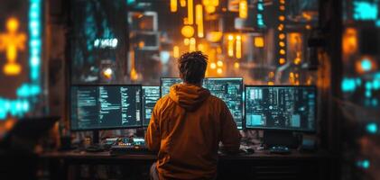 A cybersecurity professional analyzes data and monitors for breaches in a futuristic workspace filled with multiple screens displaying code and metrics. photo