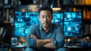 A cybersecurity expert sits confidently in a high-tech office filled with multiple monitors displaying complex data. He focuses on analyzing potential data breaches and risk management strategies. photo