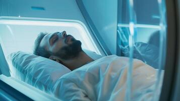This person in cryosleep lies in a futuristic chamber designed for human preservation and exploration. photo