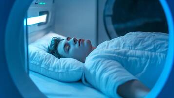 This young individual rests in a futuristic cryonic chamber, designed for long-term preservation. photo