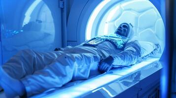 This futuristic figure rests in cryogenic suspension in a high-tech chamber of blue light. photo