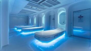 This Cutting-edge cryogenics center featuring sleek cryosleep pods designed for hibernation. photo
