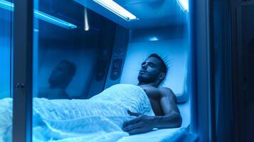 This person in a cryogenic chamber symbolizes future biotech and hibernation innovations. photo