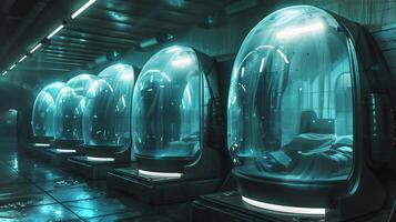 This Explore advanced cryogenic chambers for human hibernation and immortality in a high-tech lab. photo