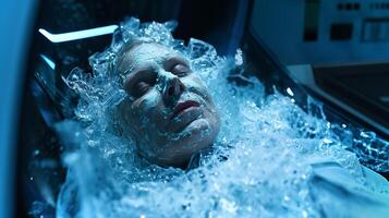 This person in cryogenic sleep amid ice symbolizes advanced space exploration technology. photo