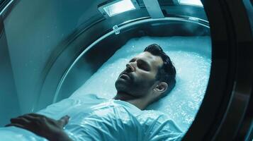 This human in a cryogenic chamber represents hibernation and immortality via advanced tech. photo