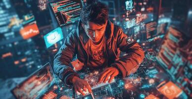 A cybersecurity expert focuses intensely on a virtual interface, analyzing data to manage and mitigate risks related to a potential data breach in a futuristic setting. photo