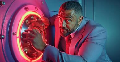 A man in a suit inspects a secure vault, illuminated by vibrant red lighting. photo