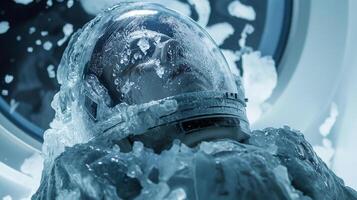 This astronaut is suspended in ice, showcasing futuristic cryogenic technology for space exploration. photo