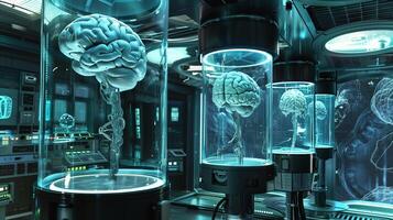 This Advanced lab showcases cryogenically preserved brains, highlighting future biotech and exploration. photo