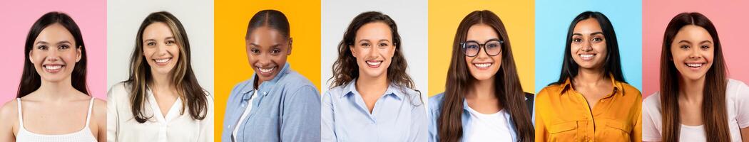 A vibrant collage features diverse women smiling joyfully, set against colorful backgrounds. This collection showcases a range of expressions, celebrating inclusivity. photo