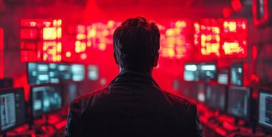 A cybersecurity expert monitors multiple screens displaying red alerts about potential data breaches. photo