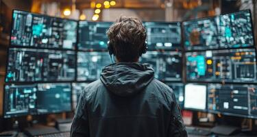 A cybersecurity professional monitors multiple screens filled with data visualizations and alerts, focusing on firewall settings and risk management strategies in a modern office environment. photo