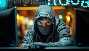 A person in a hooded sweatshirt focuses intently on computer screens in a dimly lit environment, symbolizing the serious threat of data breaches in the realm of cybersecurity. photo