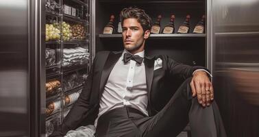 A well-dressed man in a tuxedo sits casually in a sleek storage area filled with various items. His confident demeanor and stylish look create a striking contrast against the organized environment. photo