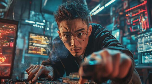 A cybersecurity expert works intensely on a computer, managing firewall settings and analyzing data. The dimly lit environment, with multiple screens, highlights the urgency of preventing breaches. photo