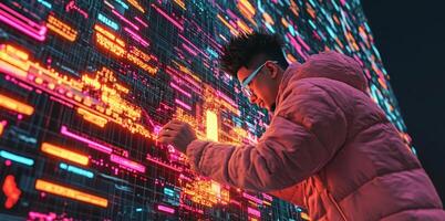 A cybersecurity specialist inspects a colorful digital display filled with data patterns. This work is crucial for managing risks and securing information systems against potential breaches. photo