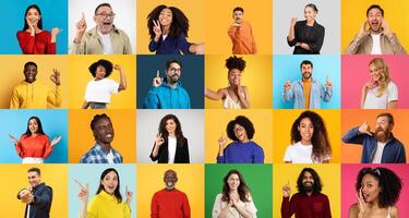 A vibrant collage features men and women from various cultural backgrounds joyfully expressing different emotions. The colorful backdrop adds a dynamic touch to their lively interactions. photo